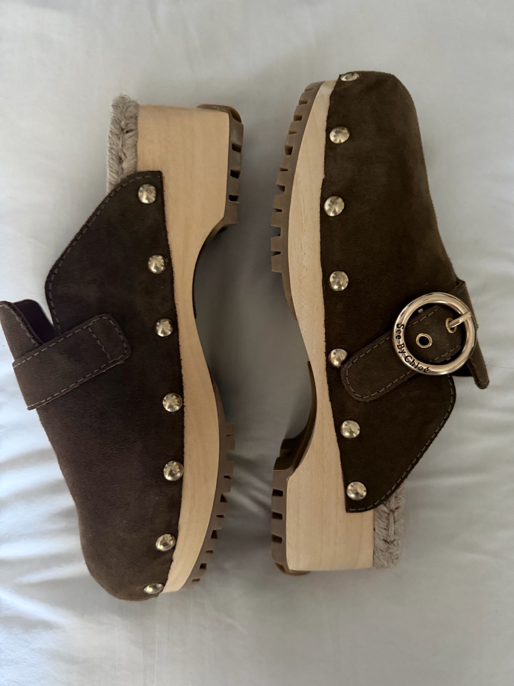 Brown Suede Studded Clog Mules with Buckle